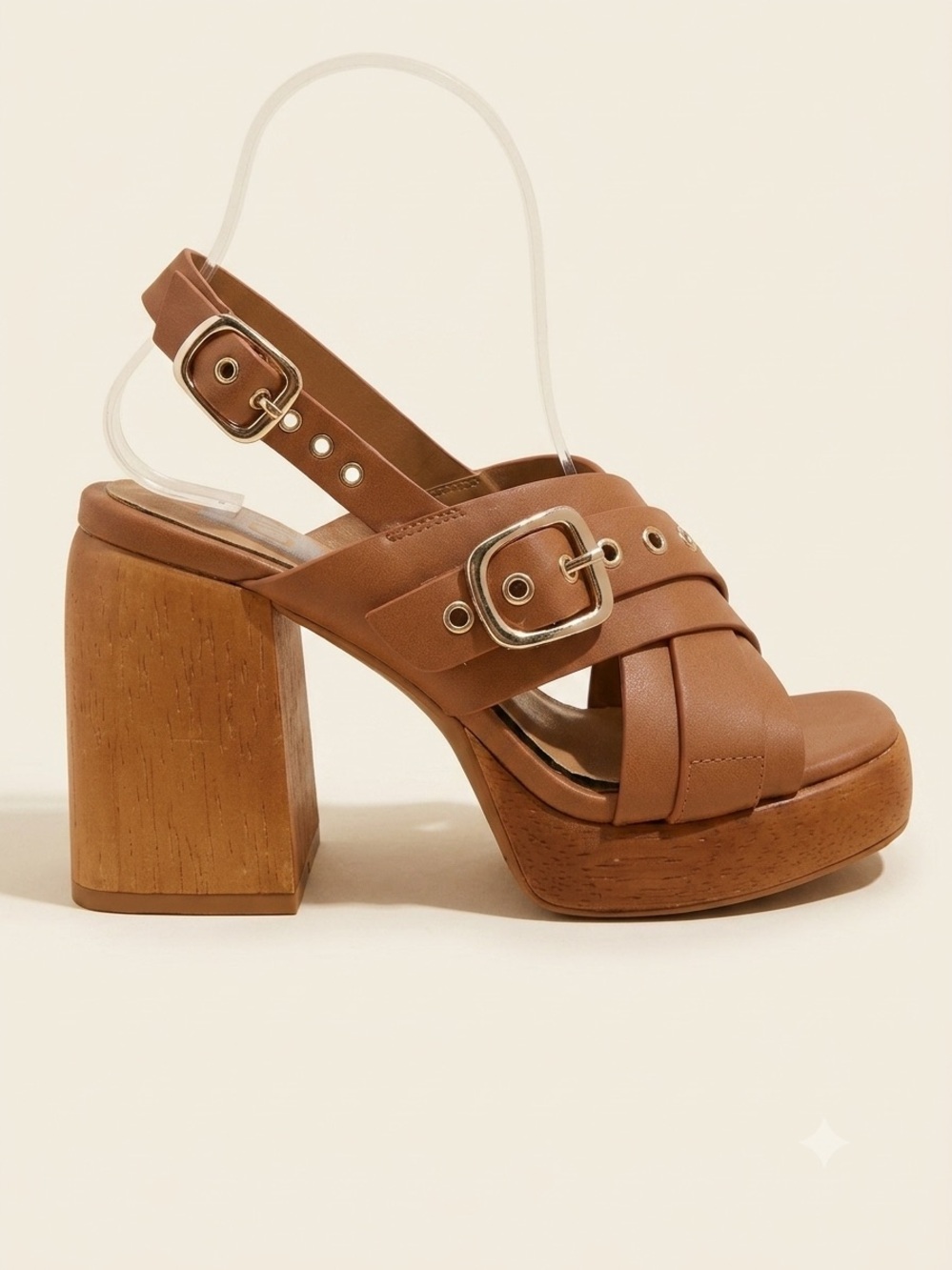 DV Dolce Vita Brown Cross-Strap Platform Block Heel Wood Sandals Buckle Cognac 6 - Picture 4 of 10